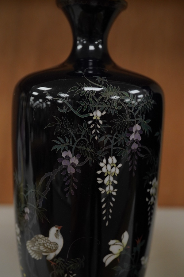 A pair of Japanese silver wire cloisonné enamel vases, Meiji period, wood stands, 18cm high